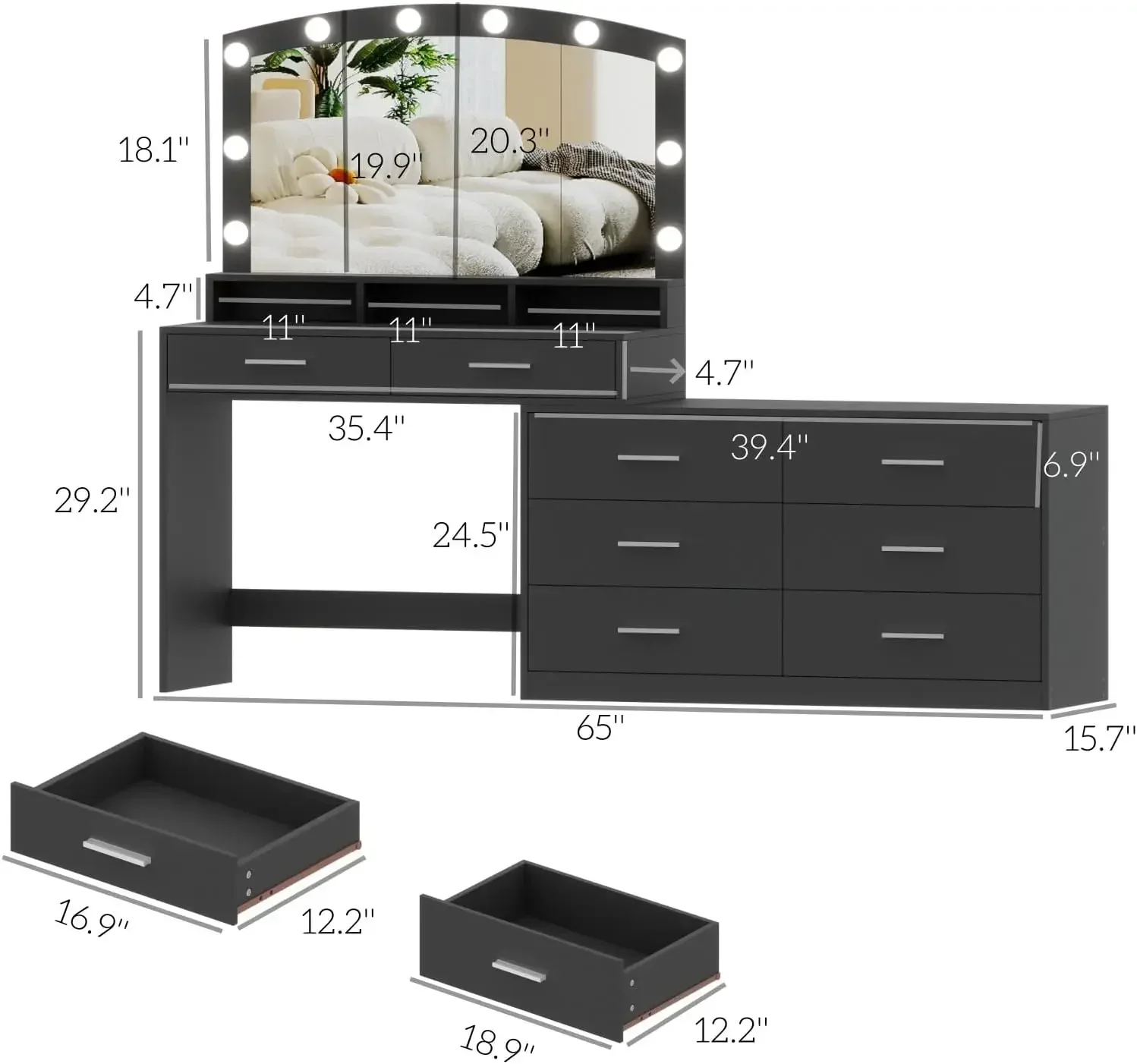 Vanity Desk with Large Mirror and 3-Color Lights, Makeup Vanity with 8 Drawers & Open Shelf, Side Cabinet with Width Adjustable