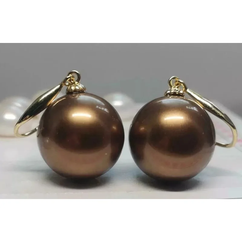 

HUGE AAA 16 mm natural south sea Chocolate shell pearl earrings 14K Yellow Gold