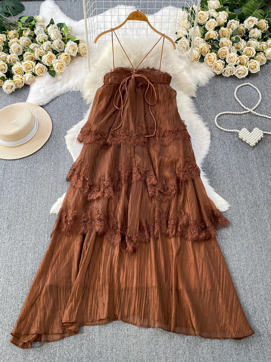 

Sweet Summer Lace Splice Halter Dress Women's High Waist A-Line Skirt Breathable Skin-Friendly Cake Skirt Style Vacation Mood