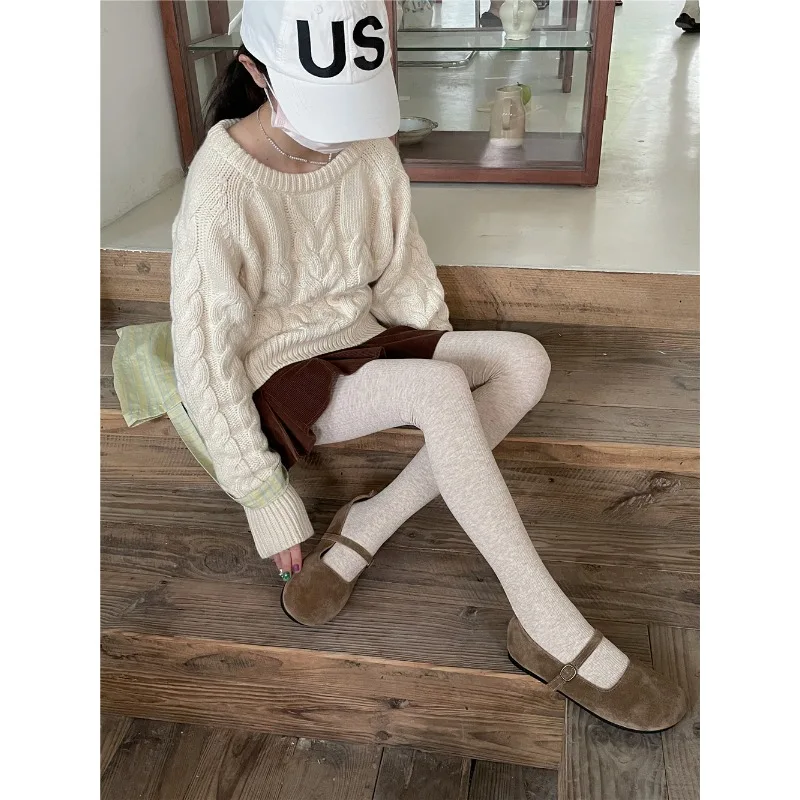 

Knitted Fried Dough Twists Leggings Women's Autumn Striped Beige Grey Coffee Color Pantyhose Bottoming Socks