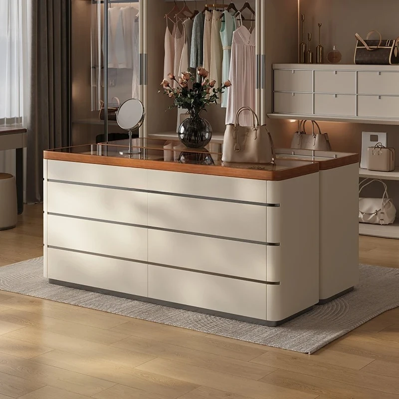 

Minimal light luxury chest leather jewelry Italian storage solid wood middle island cabinet with lamp