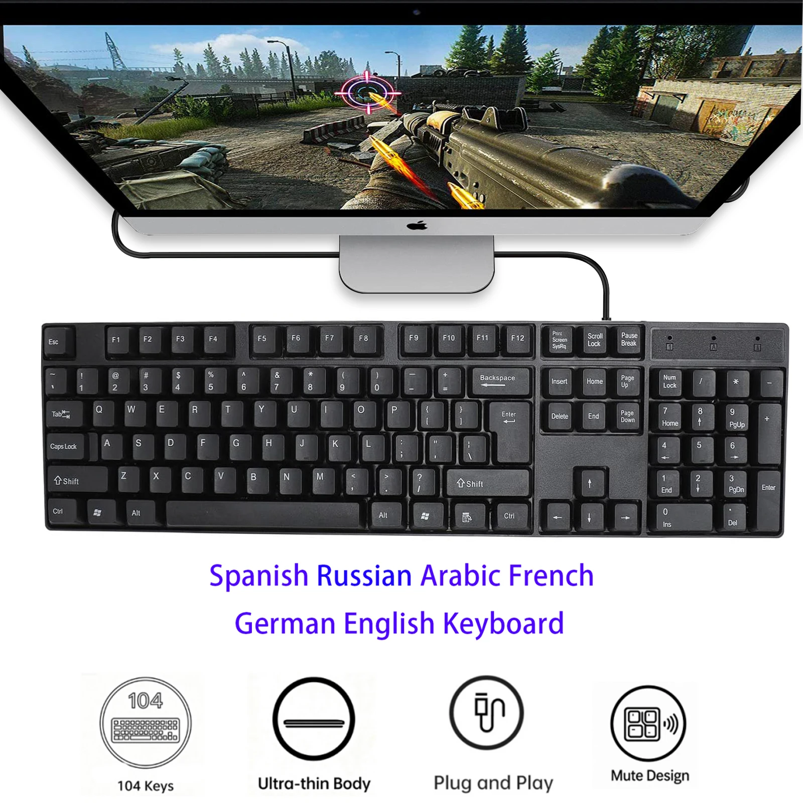 คีย์บอร์ดเกมมิ่งแบบมีสาย USB 104 ปุ่ม ดีไซน์ตามหลักสรีรศาสตร์สำหรับใช้งานในสำนักงานและการเล่นเกม คีย์บอร์ดภาษารัสเซีย สเปน ฝรั่งเศส และอาหรับ