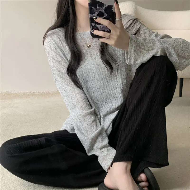 2024 Women\'s Summer New Spliced Pullover Round Neck Fashion Solid Color Loose Minimalist Casual Long Sleeve Knitted T-shirt Tops