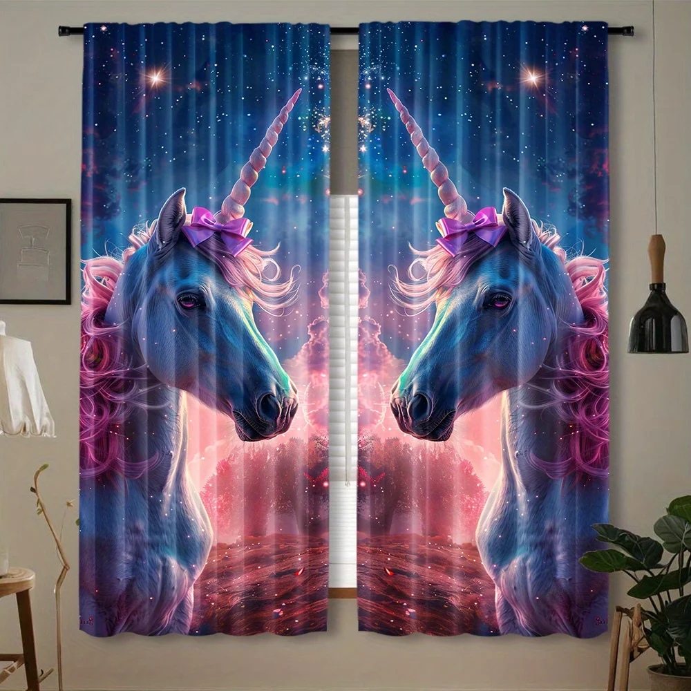 Stunning Night Sky Unicorn Curtain 2 Panels Glitter Star Pink Purple Mane Bow Scenic Forest Inn Room Curtain Little Girl Home