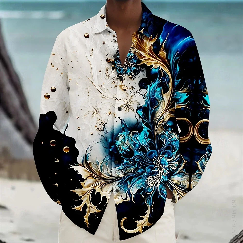 Men's long-sleeved shirt, blue and gold Baroque digital print, versatile and stylish casual top for everyday wear and outings.