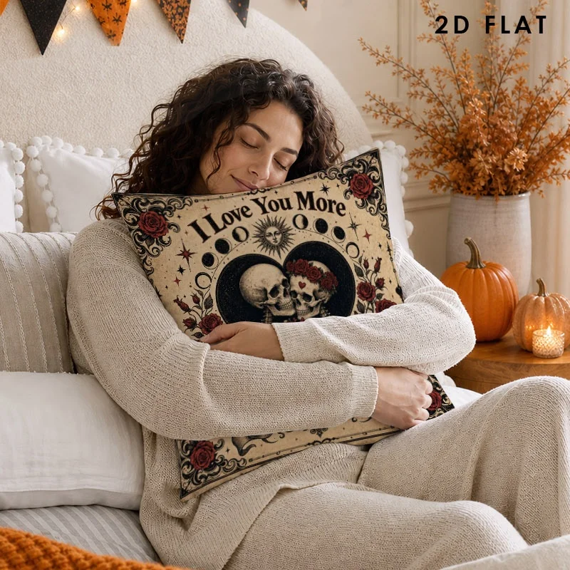 Skull Rose Cushion Cover with i love more Lettering, Soft Cotton Gothic Pillow Cover, Home Decor Perfect Gift,Gothic Decorative