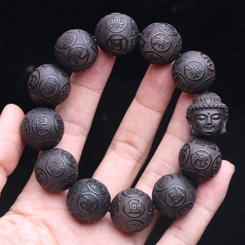 Genuine Natural Black Wooden Beads Tibetan Buddhist Tools 12 Beads Prayer Bracelet Beaded Men\'s Bracelet