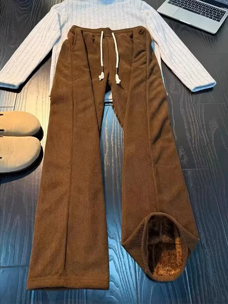 

American Retro Brown Corduroy Men's Winter Thiened Lazy Sle Straight Leg Pants Faionable Casual Trousers for Youth