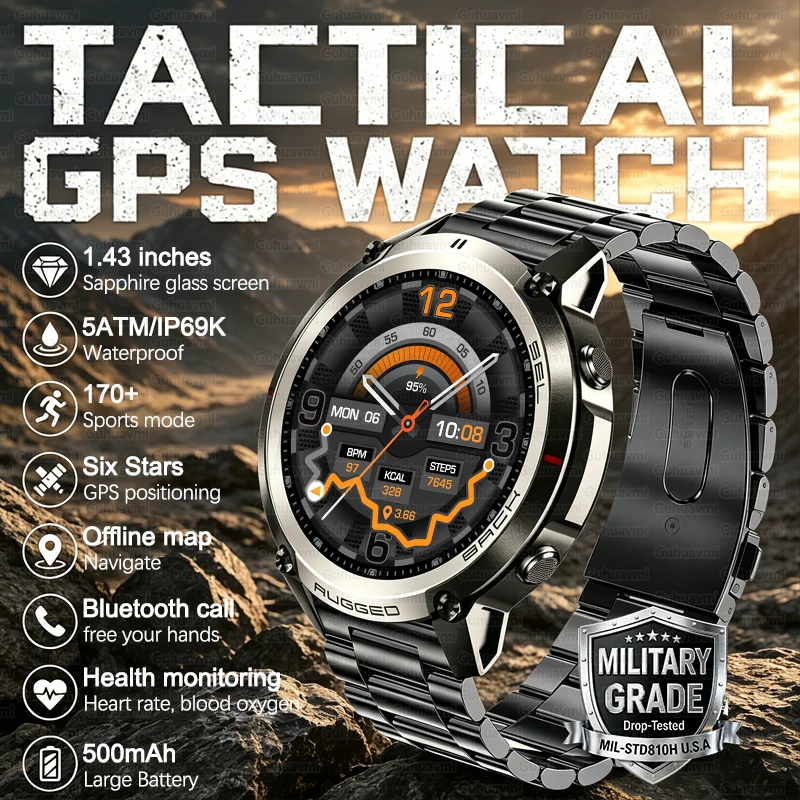 

Military Grade Tactical GPS Smartwatch 1.43"AMOLED Screen Offine Map Compass Heart Rate 170+Sports 5ATM Waterproof Sport Watches