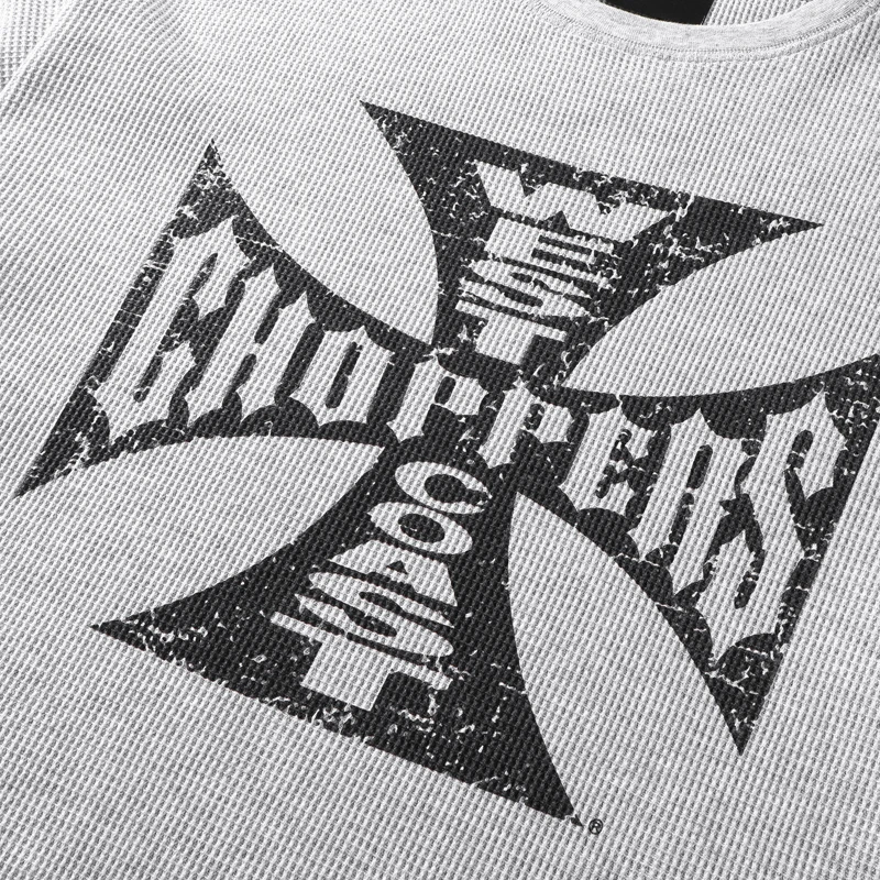 Kaos Streetwear West Coast Choppers Motif Silang Klasik Floral Abu-abu Pria Serbaguna Waffle Huruf Sanskrit West Coast Kaos Panjang