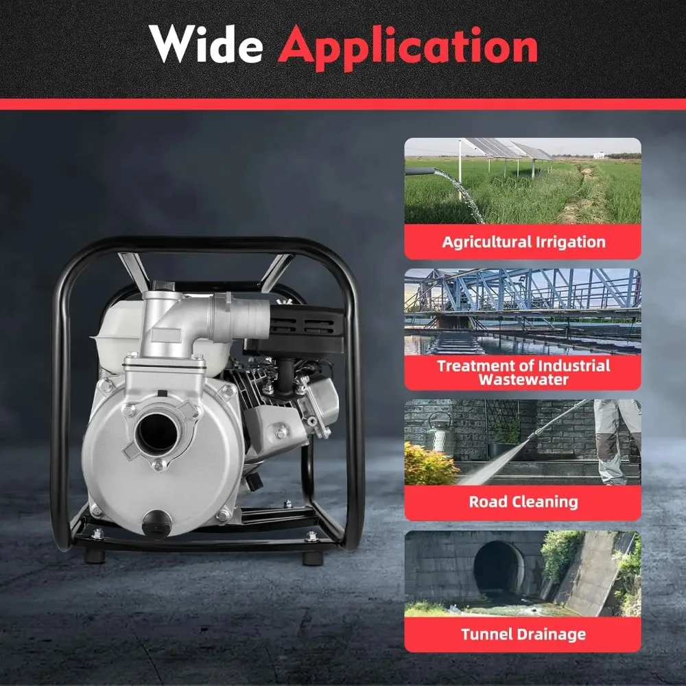 8 Horsepower Water Pump, 2 Inch 4-Stroke 6.5HP Fuel Powered Pump, High Flow 9510 GPH, 3600 RPM, Agricultural Irrigation and Drainage Use