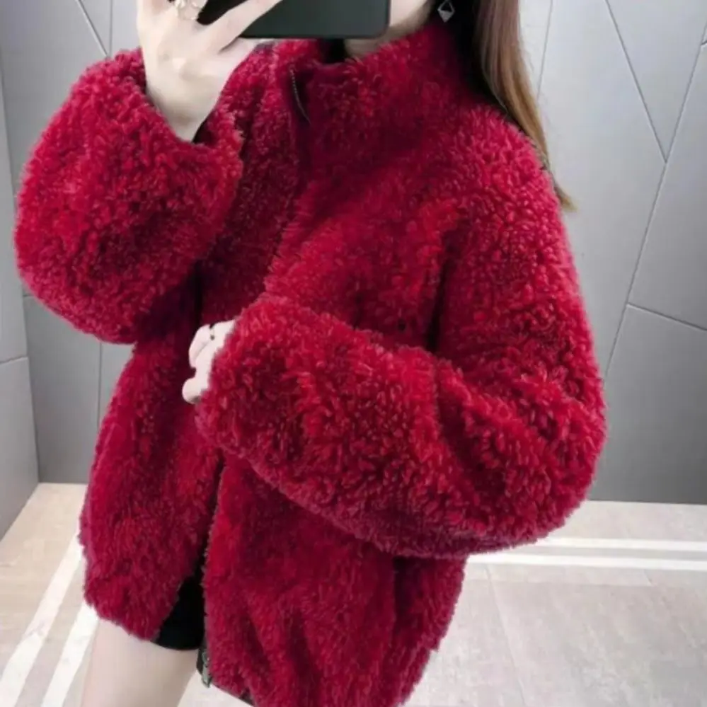 

Women Jacket Letter Print Coat Winter Lady Coat Thickened Double-sided Faux Fleece Jacket Stand Collar Neck Protection Outerwear