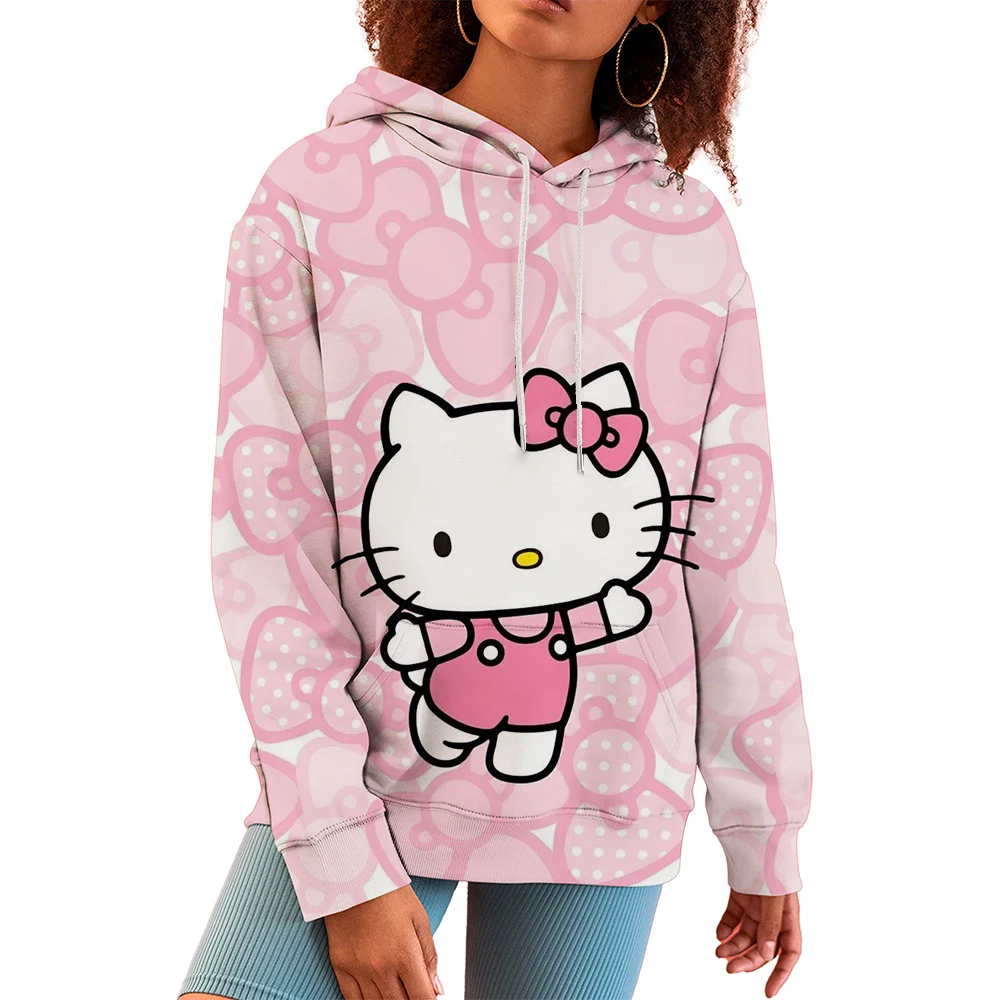 Hello Kitty Sparkling Rhinestone Pattern Hooded Sweater Y2k Women Trend Cute Hoodies Loose Oversize Tops Autumn Clothes