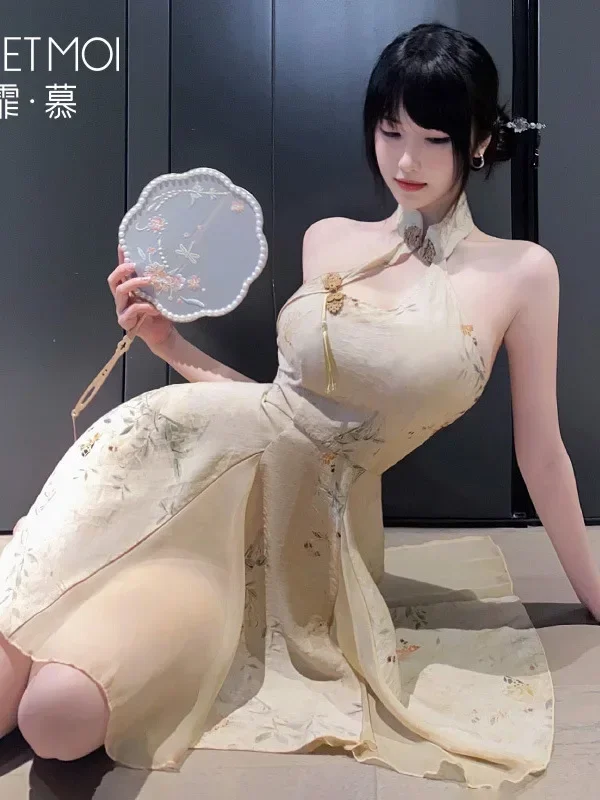 Exotic Summer Fashion Womens Clothing new Classical Sweet Chinese Style Hanging Neck Wide Truffle Back A-line Elegant Dress