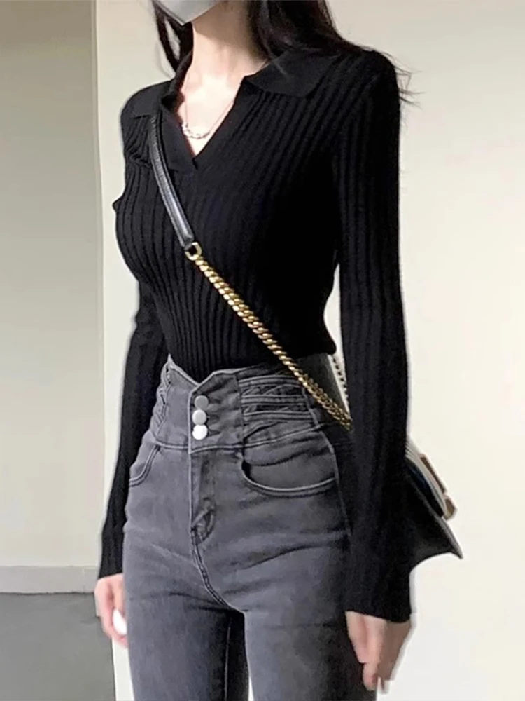 

Slim Fit Long Sleeve Neck Knitted Base Shirt Women's Spring Autumn Winter Fashion Low V Neck T-Shirt Underwear Sweater