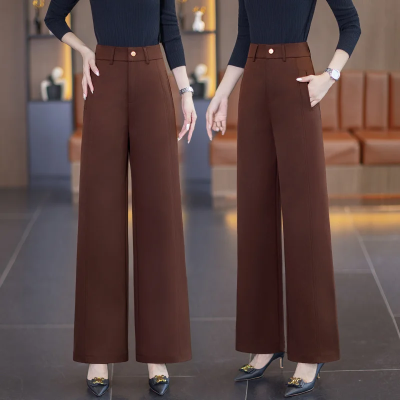 Pantaloni da abito da pendolare dritti drappeggiati a vita alta Donna Primavera Autunno Nuovi pantaloni larghi casual versatili dimagranti larghi