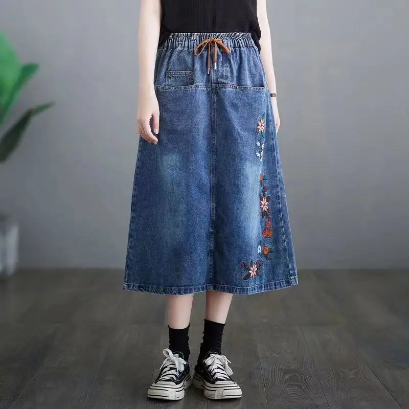 

Summer Woman Mid-Long Printing Denim Skirt Ladies New High-Waisted One-Step Skirt Big Pocket Split Seven-Point Pocket Skirt Q378