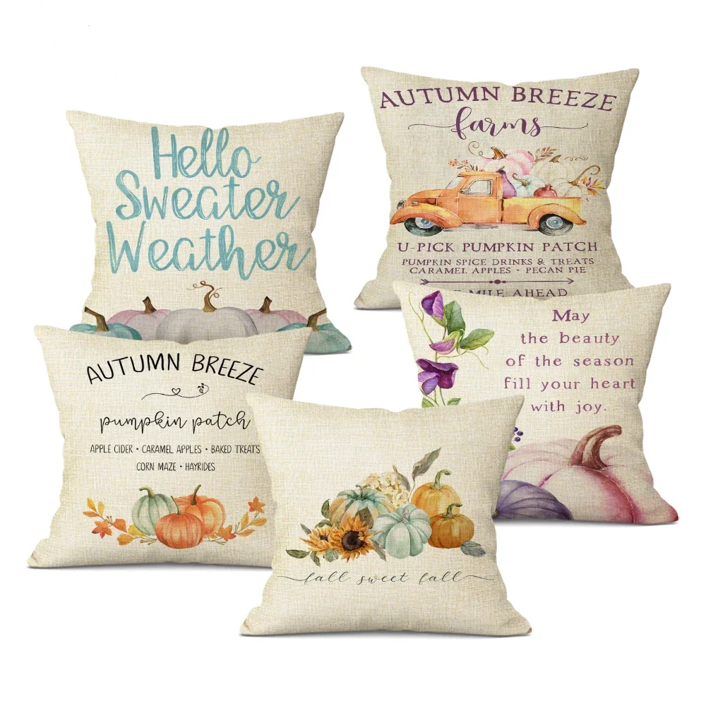 1pcs/Set Autumn Farmhouse Pumpkin Decorative Cushion Cover Fall Art Print Pillowcase Linen Pillow Cover for Home Sofa Decor