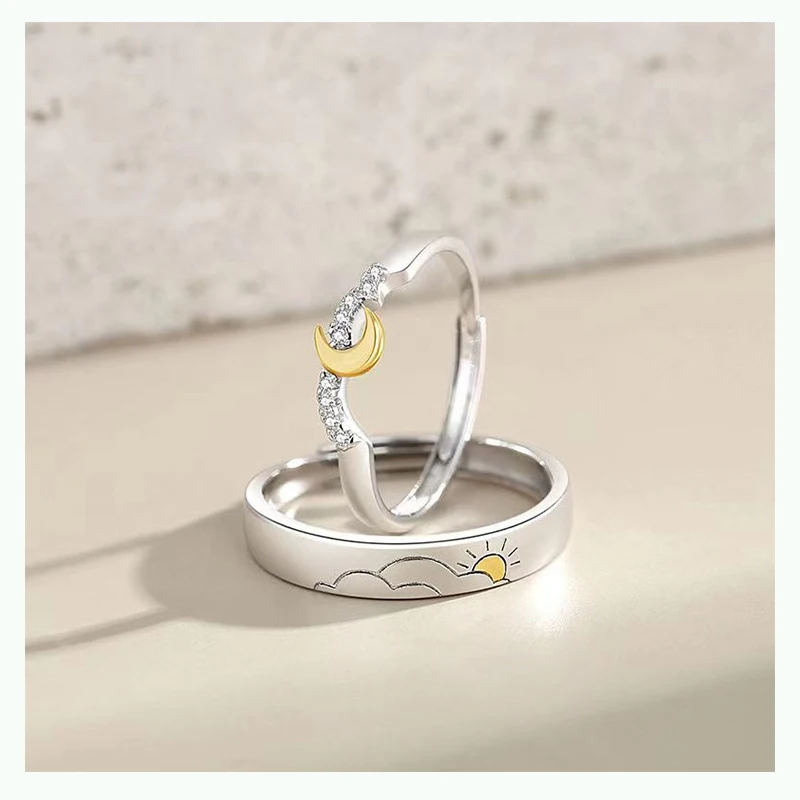 New Hot Sale Silver Color Personality Color Separation Sun Moon Couple Opening Ring Valentine's Day Love Jewelry Gift J942 #1