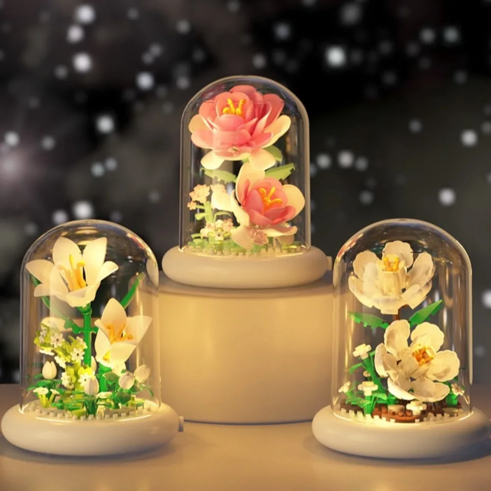Flower Bouquet Building Blocks with Dust Cover Plastic Plant Bonsai Building Toys Lighted Base Battery Powered Desktop Ornaments
