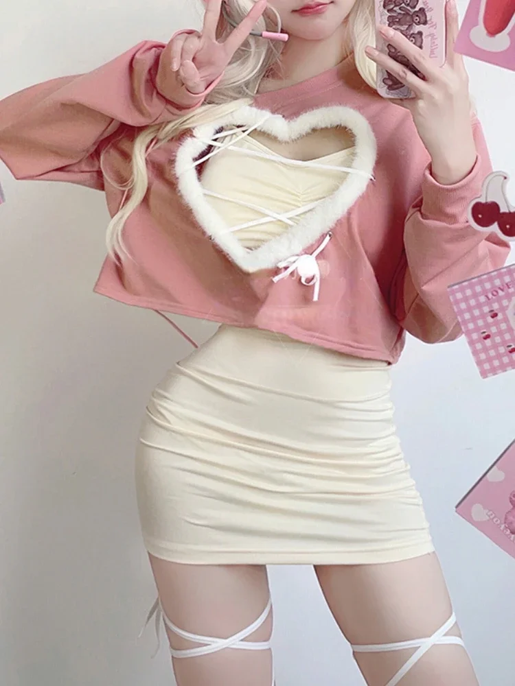 Pink Japanese Kawaii 3 Piece Set Women Hollow Out Sweet Casual Mini Skirt Suit Female Korean Pullovers＋Cute Vest＋Slim Mini Skirt