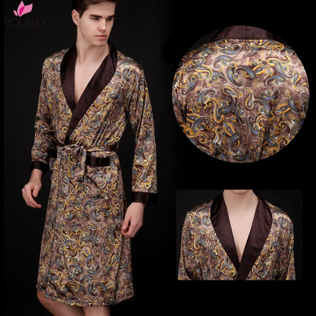 Men Bathrobe Men Simulation Silk Print Pajamas Lingerie Robe  Mens Summer Robes Male Senior Satin Sleepwear