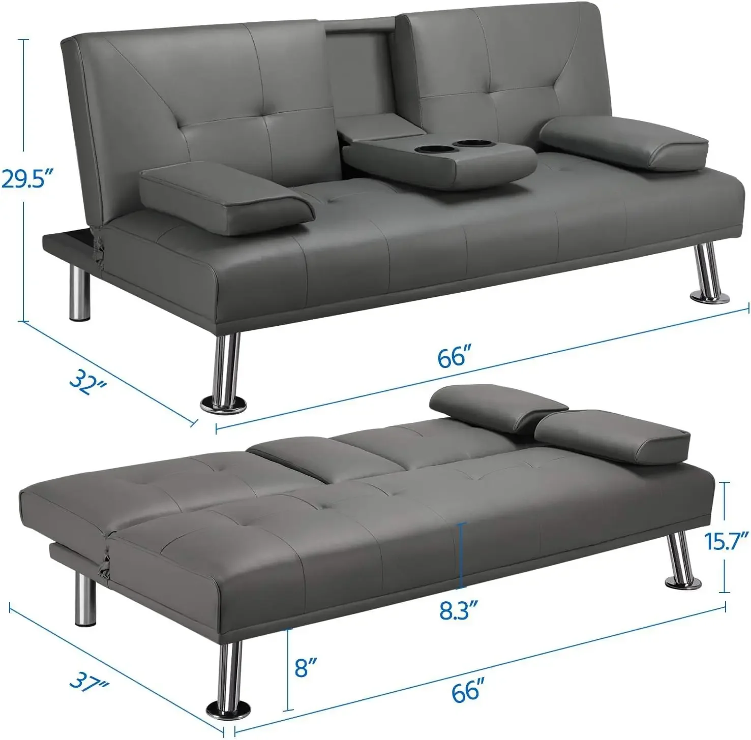 Adjustable Faux Leather Sofa Futon Modern Sofa Bed Convertible Sofa Couch Sleeper with Armrest Recliner Couch Home Furniture