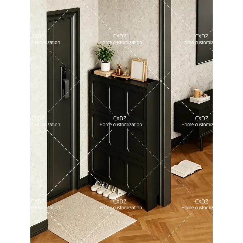Black Ultra Thin Tipping Bucket Shoe Cabinet Household Door Storage Narrow Slit Against Wall Simple Modern Entrance Cabinet