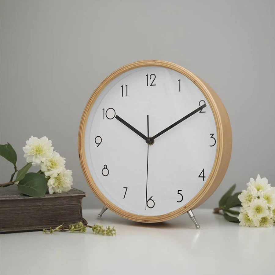 1PC European wooden silent table clock living room simple decoration pointer clock, desktop creative wood quartz clock