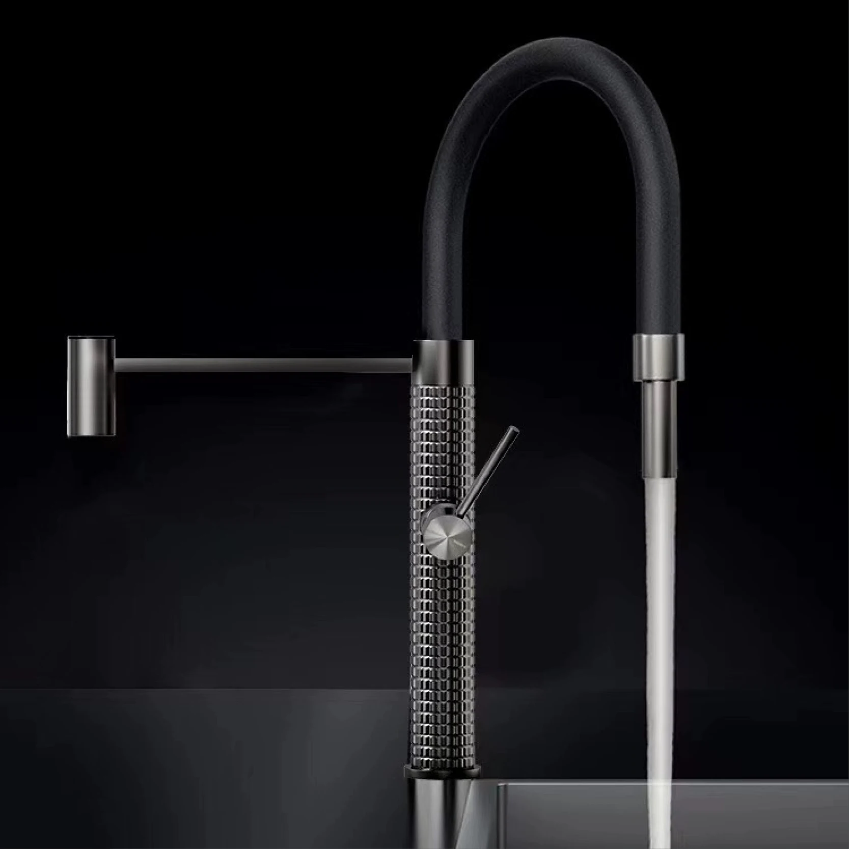 Imagem -02 - Torneira de Cozinha de Latão Preto Luz High-end Design de Luxo Único Furo Alça Única Pull-out Frio e Quente Controle Duplo Pia Torneira