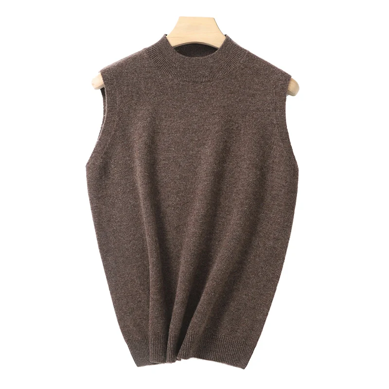 

Женский однотонный вязаный базовый топ, осень-зима, без рукавов, с воротником-стойкой, 100% мериносовая шерсть, базовый мягкий вязаный жилет