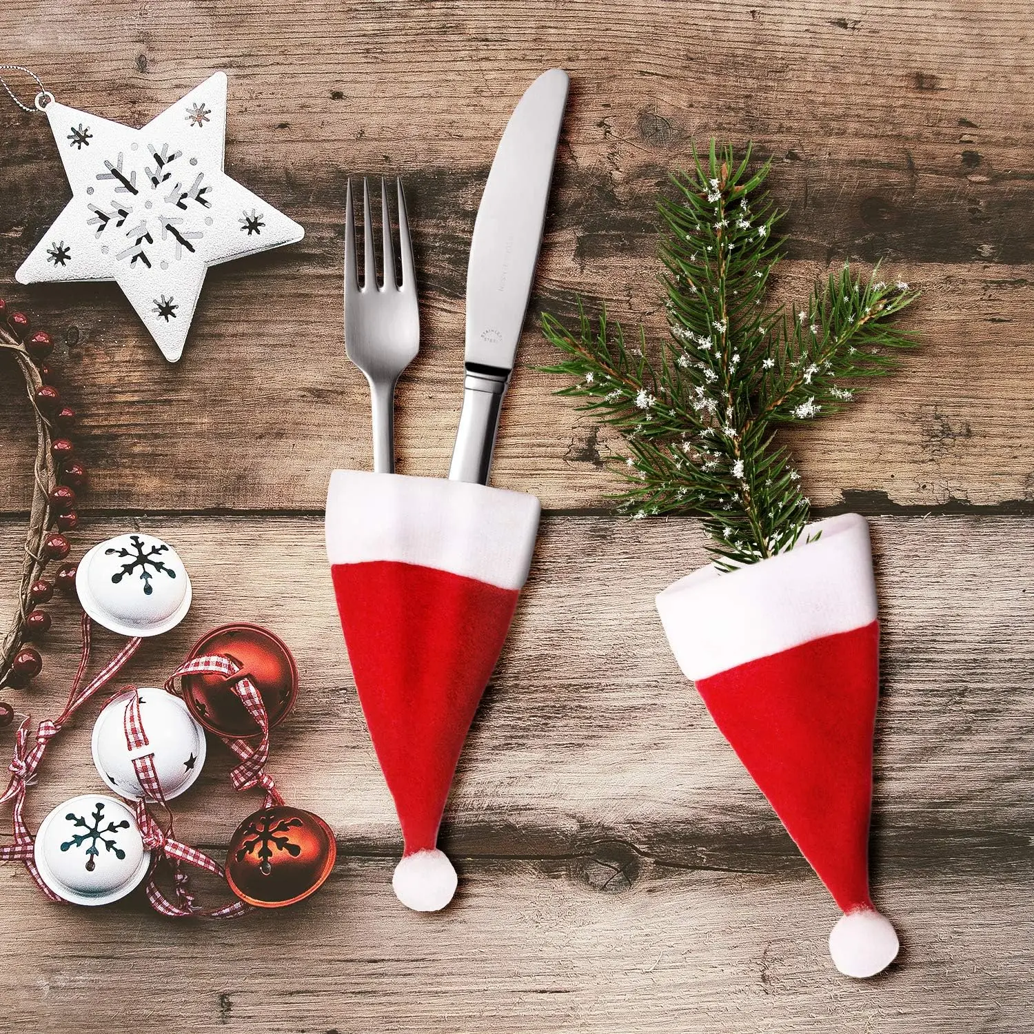 Christmas Cutlery Holder Bag Christmas Hat Fork Knife Xmas Tableware Wine Bottle Sleeves Cover Set For New Year Table Decoration