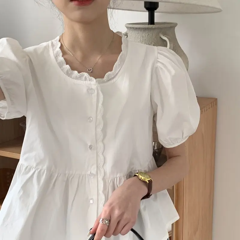 Lace Shirts and Blouses Korea Summer Fashion Woman Blouse 2024 Solid Top Female Short Sleeve Ruffles Shirts Sweet Clothes New