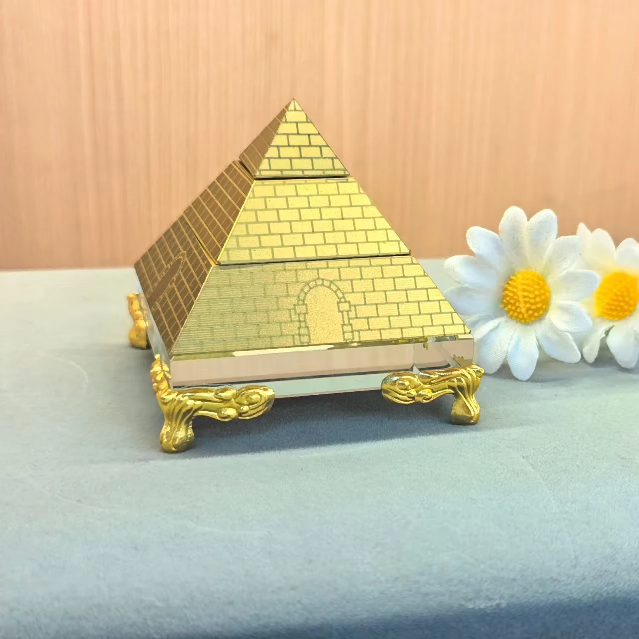 Rotating 3-Layer Pyramid with Glass Base, Desktop Fidget Spinner Decor, Creative Office Stress Relief Gift for Adults/Teens Birt