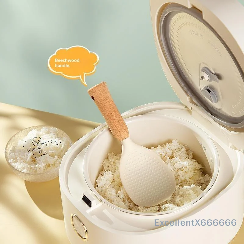1Pcs Wood Handle Silicone Spoon Non-stick Cooking Spoon Pot Rice Spoon