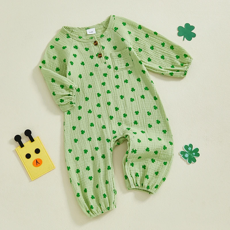 Irish Baby Romper Casual Long Sleeve Round Neck Shamrock Letter Print Jumpsuit Newborn Clothes