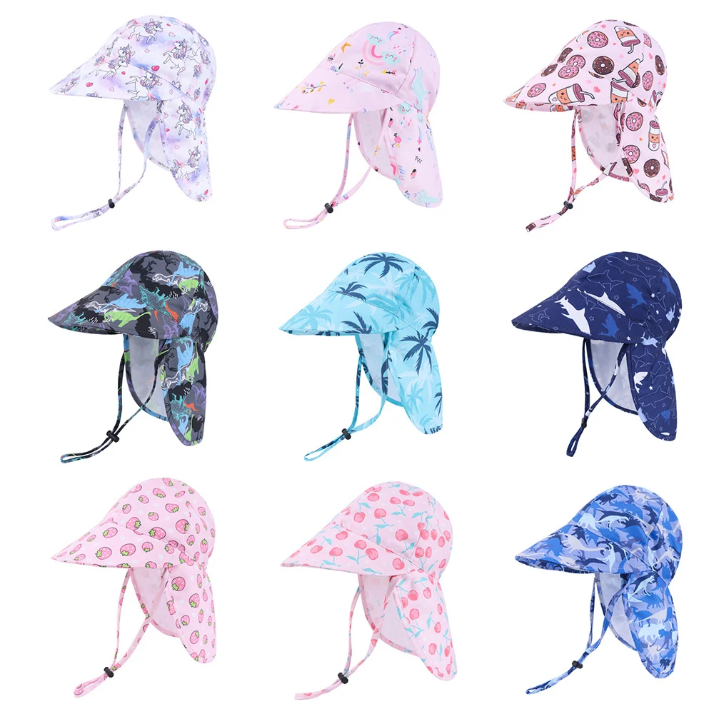 Cartoon Summer Toddler Sun Hat with Shawl Soft Brim Quick Dry Outdoor Activities Cap for 1-3Y Boys Girls Beach UV Protection Hat