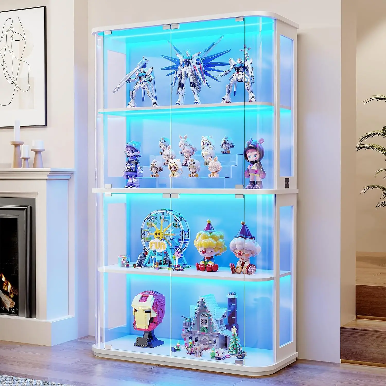Large Rounded Display Cabinet with Glass Door & Lights, White, Customized
