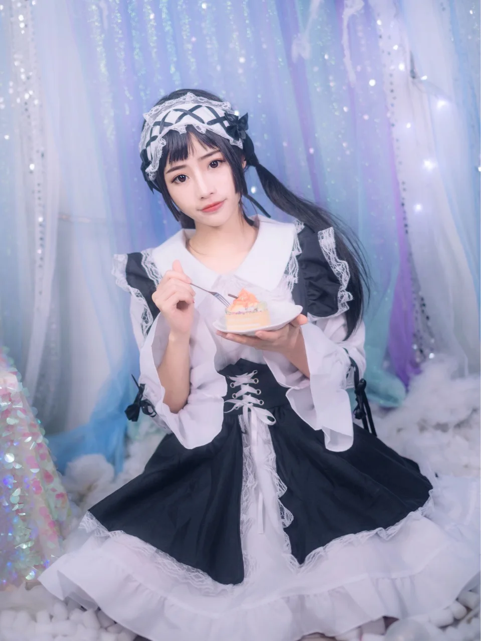 2023 Novo Preto e Branco Lolita Cosplay Traje Vestido Adulto Senhoras Aniversário Festa Show Vestido Traje