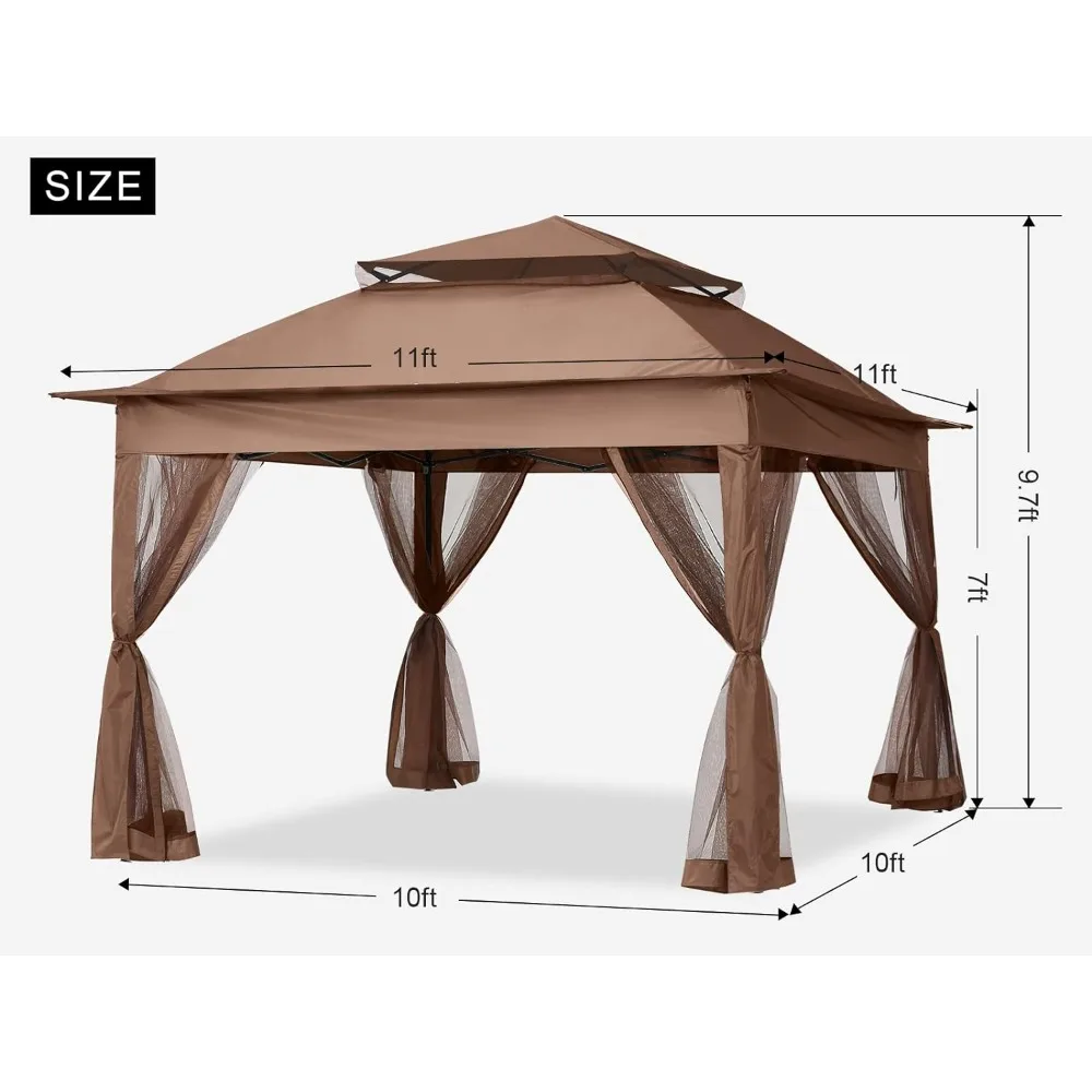 Outdoor Waterproof Awning Patio Gazebo Outdoor Pop Up Gazebo with Mesh Walls (Brown 11x11) Canopy Tent Decor Garden Terrace Home