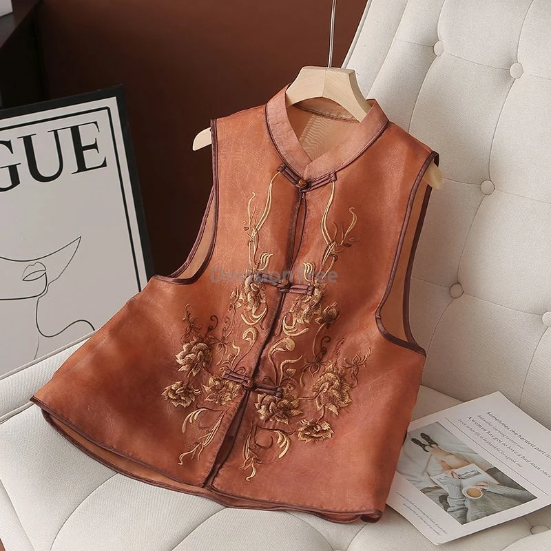 

Vintage Vest Shirt New Chinese Style Embroidered Stand Collar Organza Vest Summer Temperament Women's Daily Clothing
