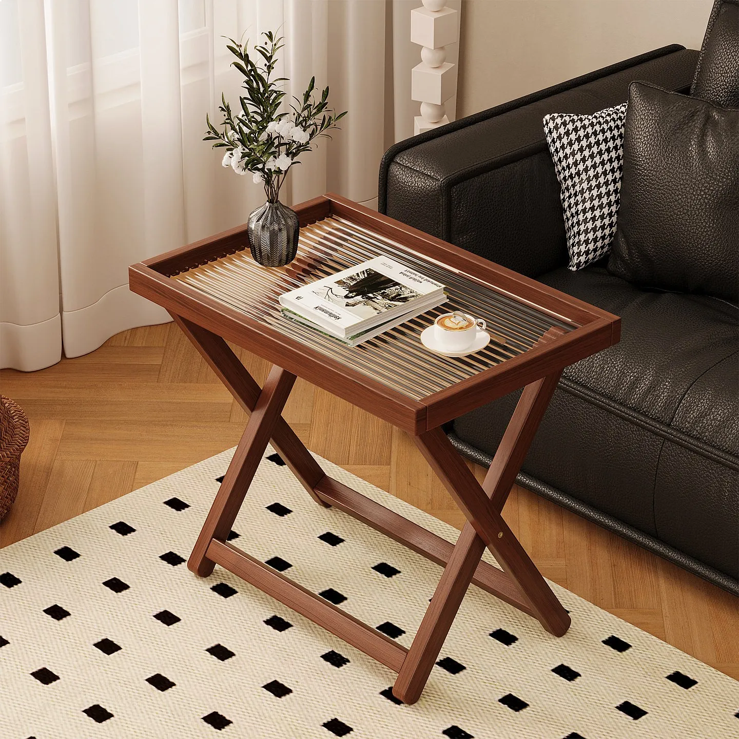 Foldable Portable Side Table Mini Small Sofa End Table with Storage Shelf for Living Room
