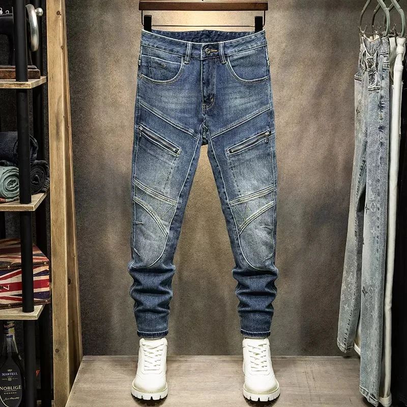 

High Street Fashion Men Jeans Retro Blue Spliced Designer Elastic Skinny Biker Jeans Men Patched Hip Hop Denim Pencil Pants Men