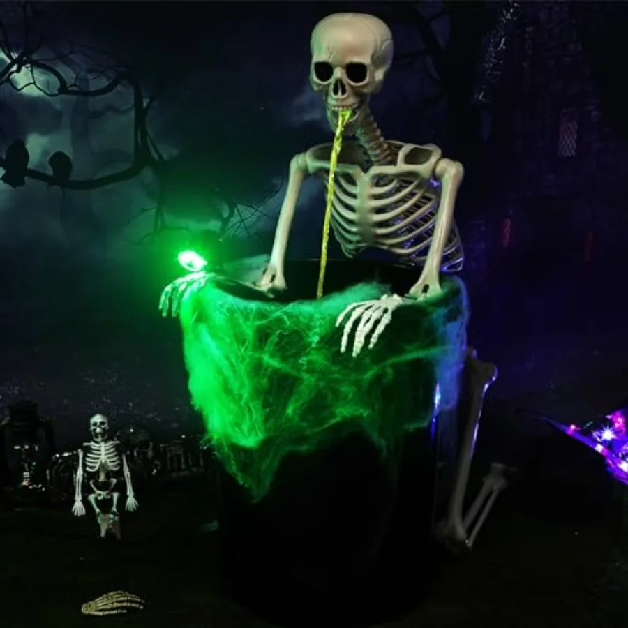 Halloween outdoor lawn decoration: full-size puking skeleton with LED vomit effect, plastic material, white and green, spooky h