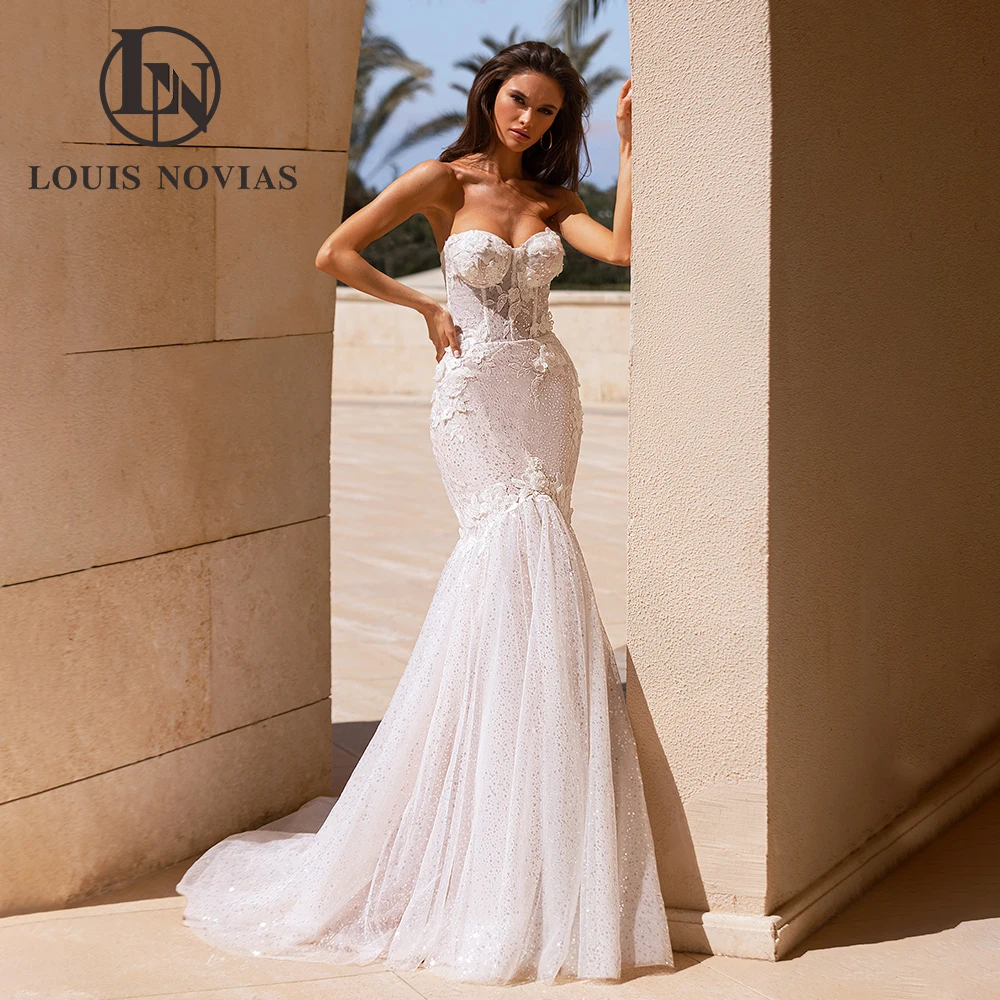 LOUIS NOVIAS-vestido De Novia De sirena sin tirantes, traje De encaje con apliques De lentejuelas, escote Corazón, 2023