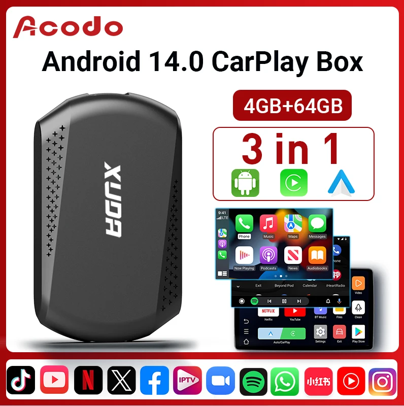 Acodo NEW Android14 Wireless CarPlay/Android Auto 3in1 Smart Box 4GB+64GB Built-in Xiaohongshu、Douyin、YouTubeother applications