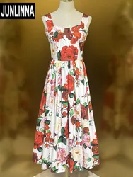 JUNLINNA 100% Cotton Dress Fashion Flower Printing Vestidos Spaghetti Strap Party Holiday Expansion Lady