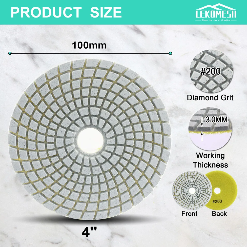 LEKOMESH 6pcs Diamond Flexible Wet Polishing Pad Stone White Bond for Granite Marble Grit 200 Dia 100mm 4inch Sanding Disc