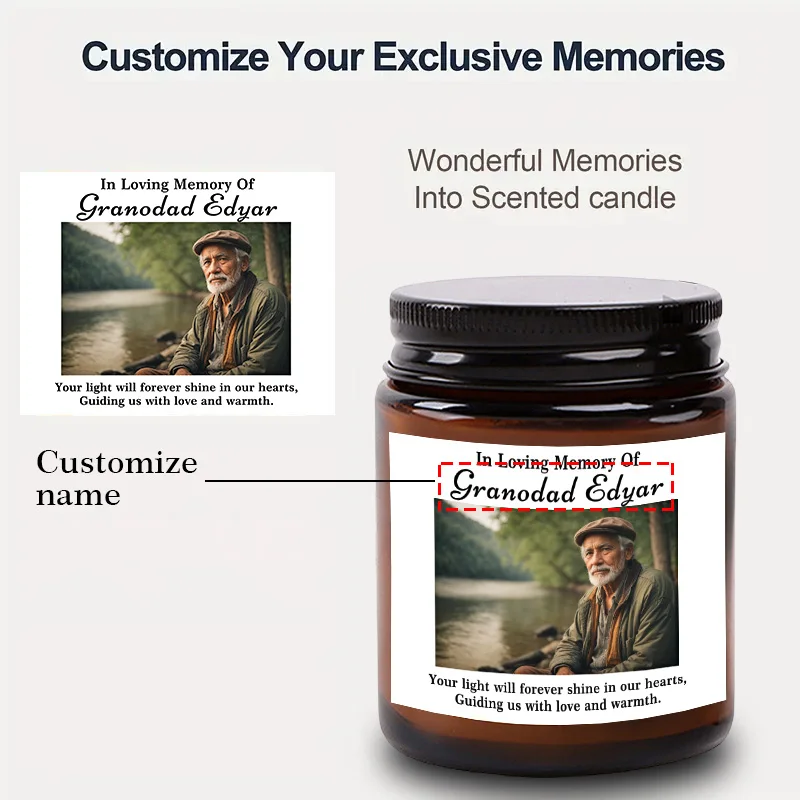 7oz personalized candles, customizable with your name and photo, to commemorate deceased relatives, fathers, grandfathers, mothe