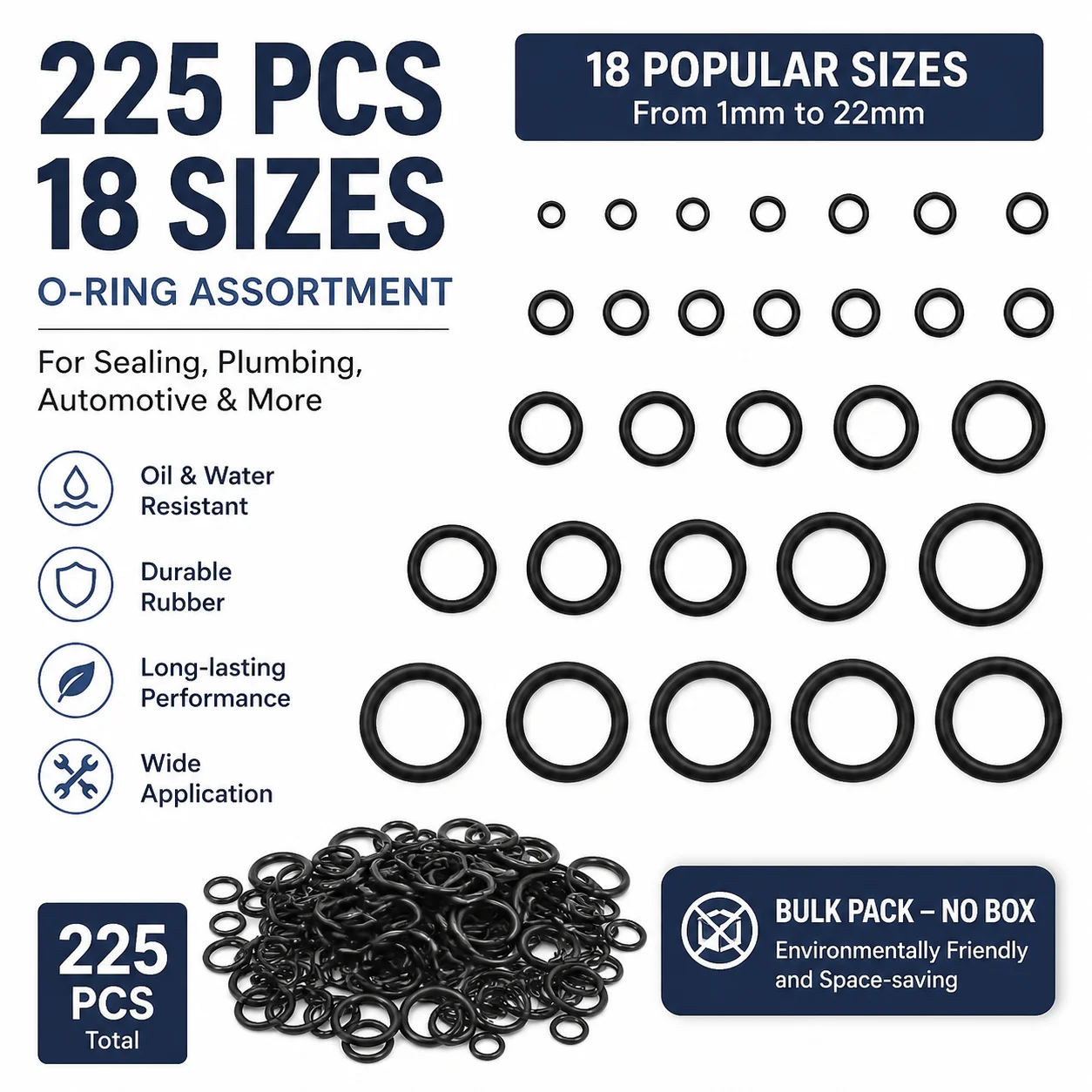 225pcs O Ring Set Gaskets 18 Size Nitrile Rubber Round Gasket Seal Elastic Oil Resist Washer Seals Faucet Professional